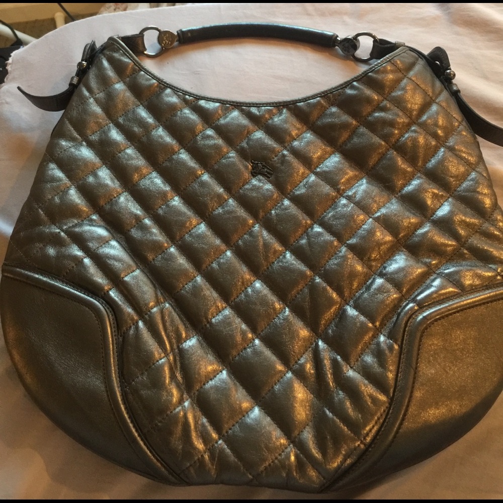 Authentic Burberry metallic grey hobo shoulder bag